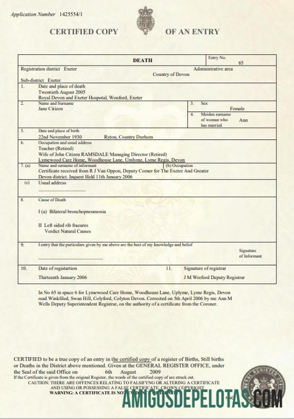 Imprimível modelo de certidão de óbito do Reino Unido em formato Word e PDF